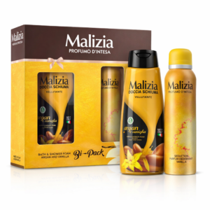 Set cadou femei Malizia Profumo D’Intesa®, Argan & Vanilie – Bath & Shower Foam + Parfum Deodorant