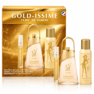 Set cadou femei 3 piese Gold-Issime cu apă de parfum 75 ml, deodorant 125 ml si mini spray 20 ml