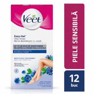 Benzi depilatoare cu ceară Veet Easy-Gel pentru piele sensibilă, 12 buc