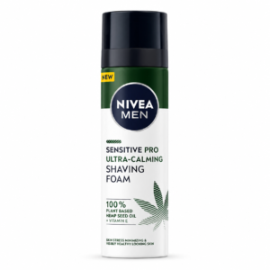 Spumă de ras NIVEA MEN® Sensitive Pro Ultra-Calming cu ulei din semințe de cânepă și Vitamina E, 200 ml