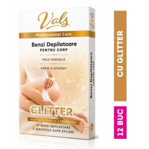 Benzi depilatoare pentru corp Vals® Glitter, pentru piele sensibilă, 12 bucăți + 2 șervețele după epilare