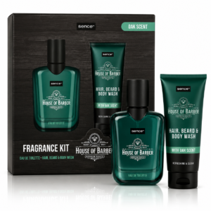 Set cadou Sence® House of Barber Oak Scent – apă de toaletă & gel 3 în 1 pentru păr, barbă și corp