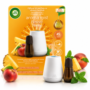 Difuzor de parfum Air Wick® Aroma Mist Fericire, cu uleiuri esențiale, Ananas, Piersică & Mentă Sălbatică