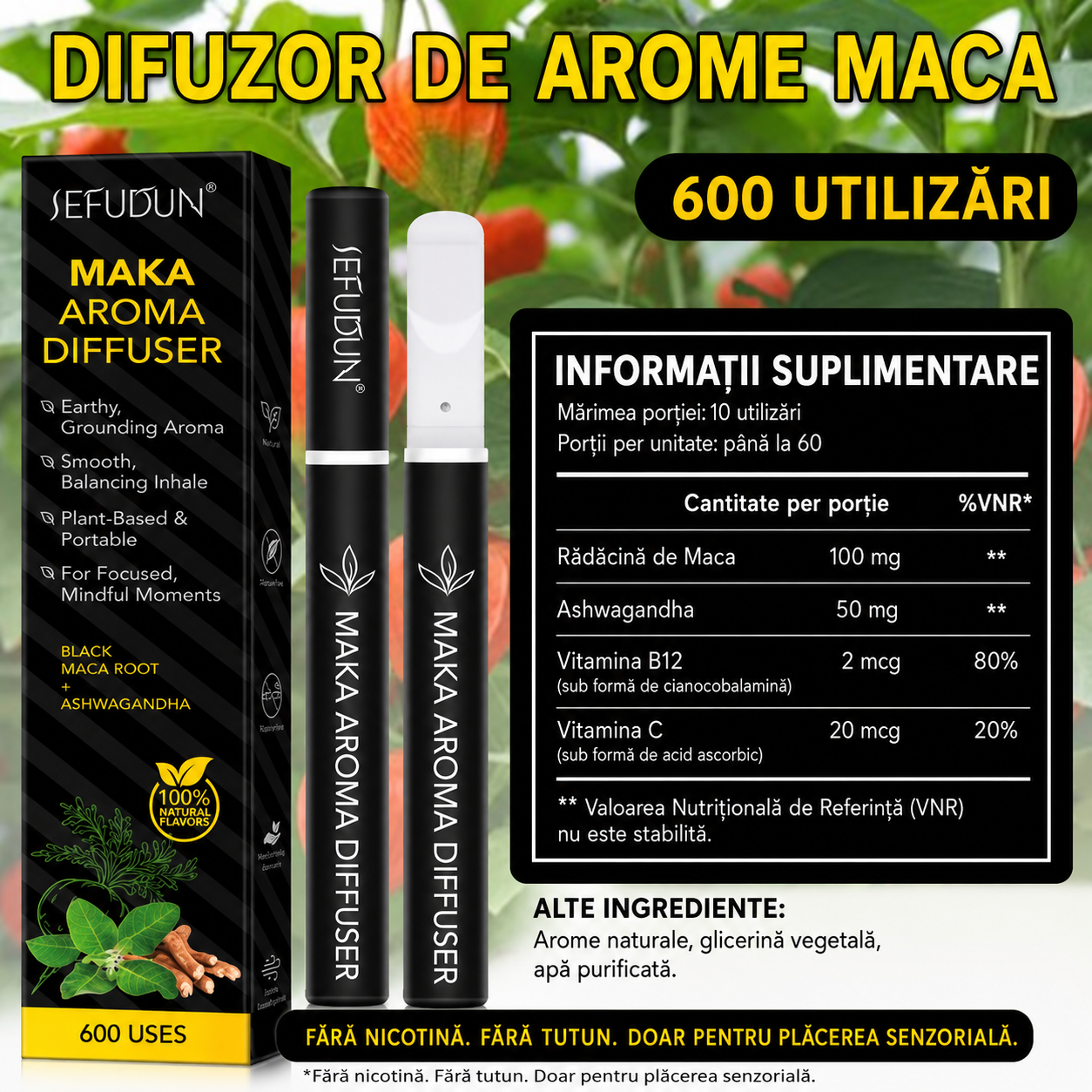 Inhalator de arome 100% naturale, Difuzor aromaterapie fără fum, fără nicotină, fără tutun, MAKA, 600 de utilizări, SEFUDUN® - imagine 8