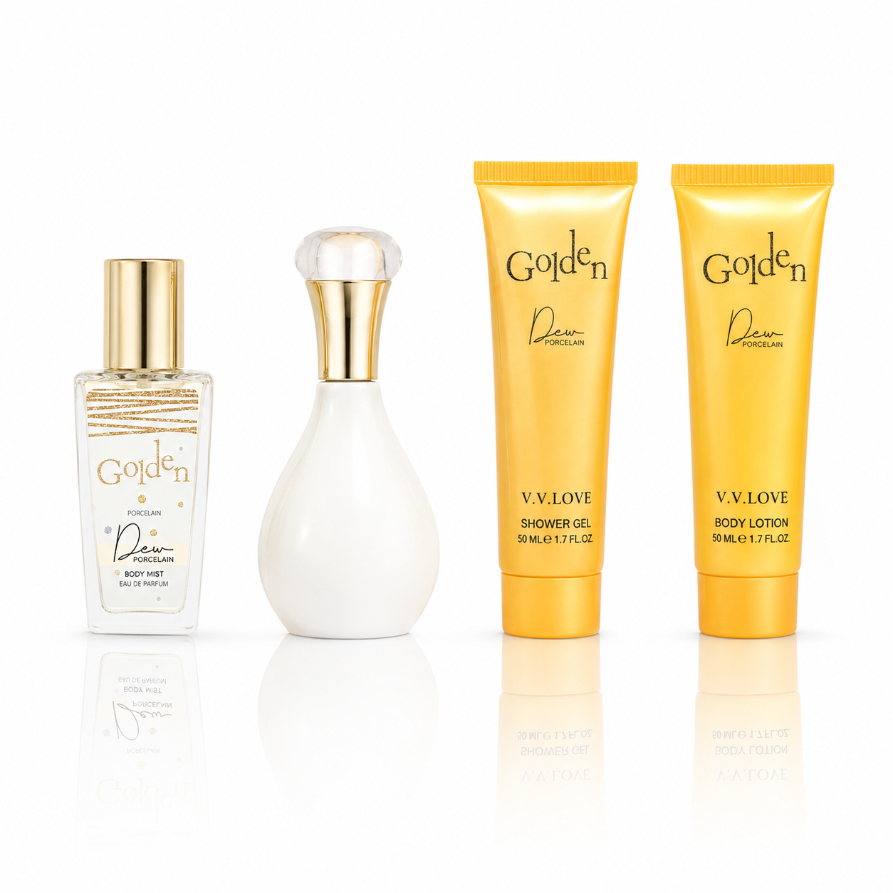 Set cadou pentru femei Golden Dew Porcelain, body mist, parfum, gel de duș și loțiune de corp, V.V.LOVE® - imagine 3