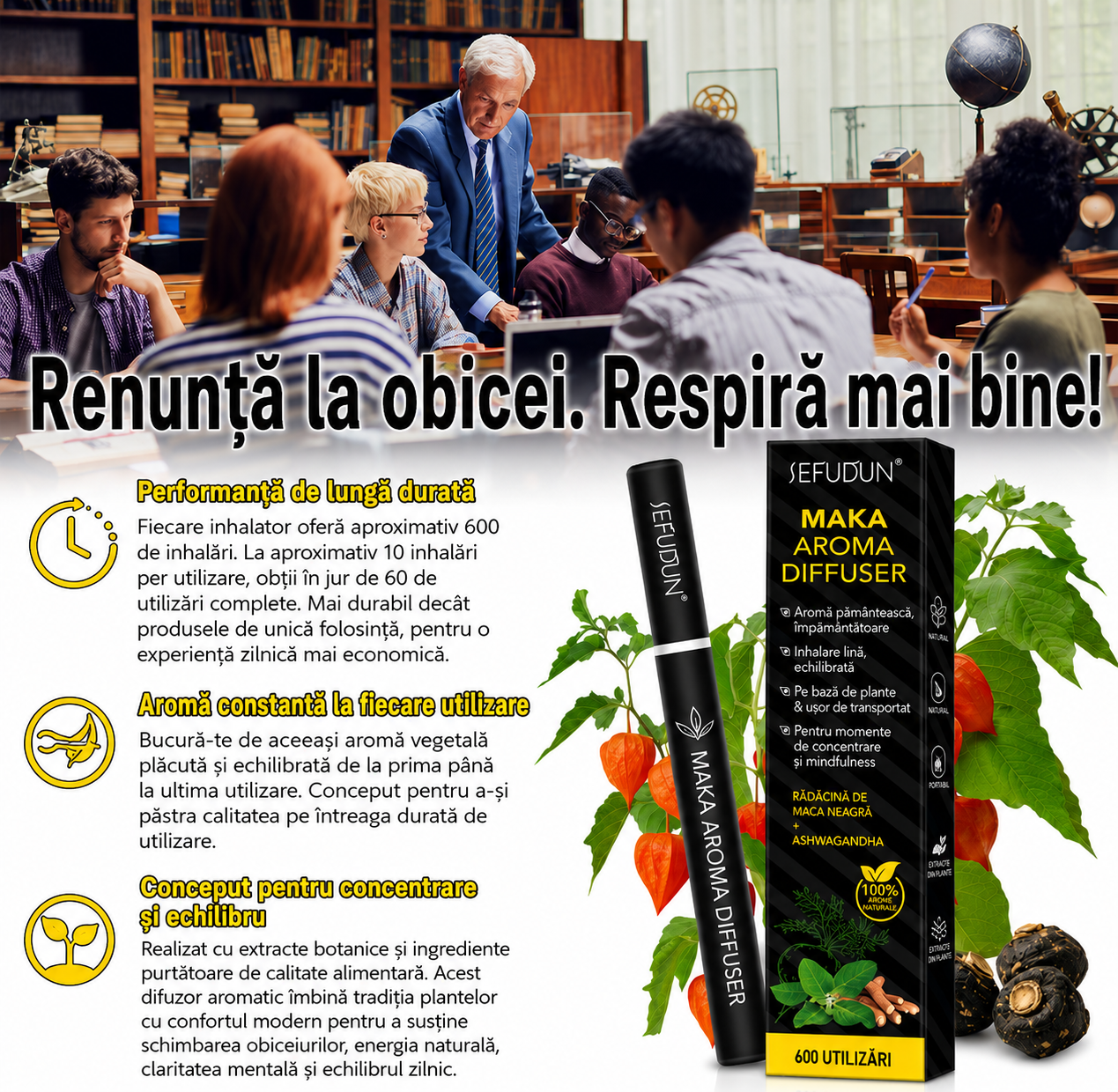 Inhalator de arome 100% naturale, Difuzor aromaterapie fără fum, fără nicotină, fără tutun, MAKA, 600 de utilizări, SEFUDUN® - imagine 4