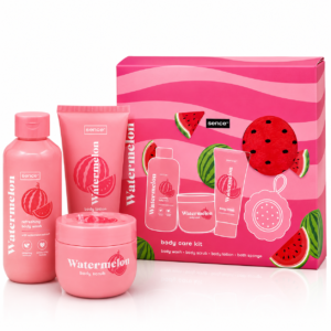Set cadou îngrijire corporală Watermelon, Sence®, Gel de duș, Loțiune de corp, Scrub exfoliant & Burete de baie