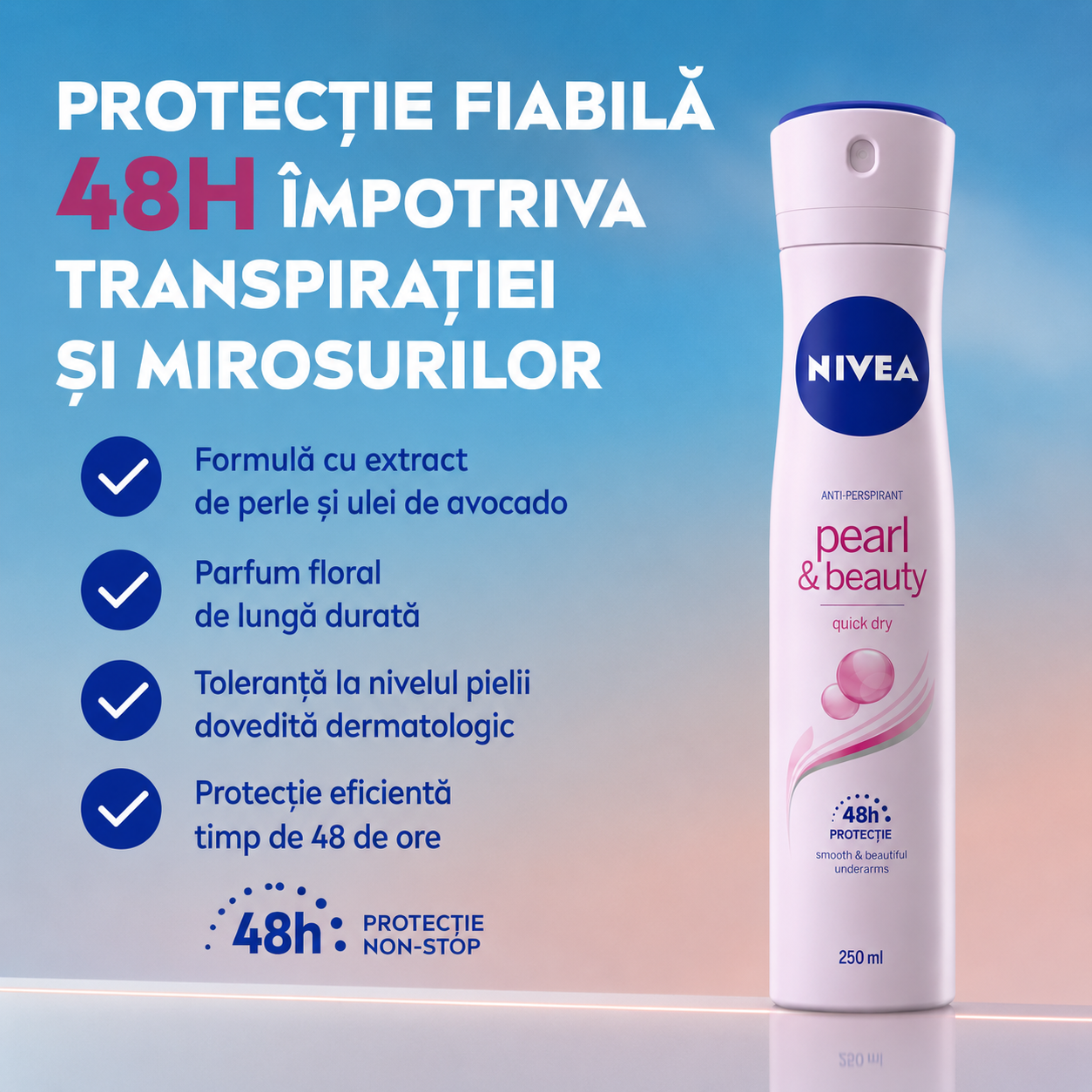 Deodorant antiperspirant spray NIVEA® Pearl & Beauty Quick Dry 48h, 250 ml - imagine 2