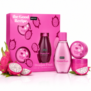 Set Cadou pentru femei Sence® Dragon Fruit – Gel de duș 150 ml, Cremă de corp 50 ml și Exfoliant corporal 50 ml