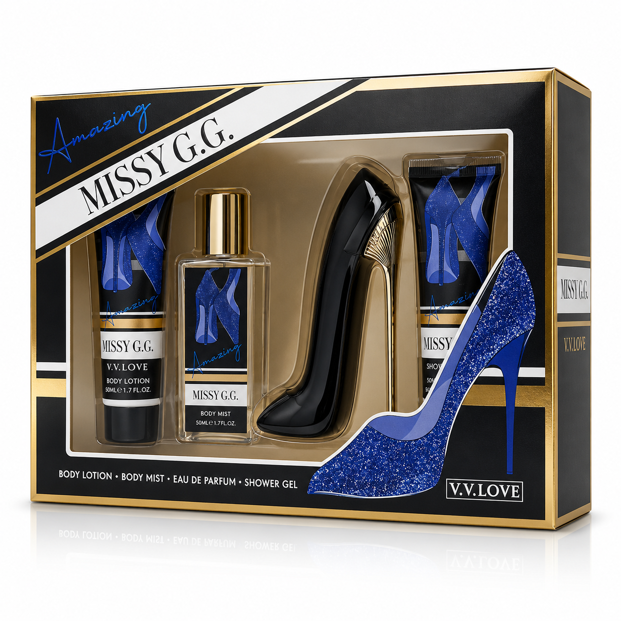 Set Cadou pentru Femei Missy G.G. Amazing, Parfum 30 ml, Body Mist 50 ml, Loțiune de Corp 50 ml și Gel de Duș 50 ml, V.V.LOVE® - imagine 2