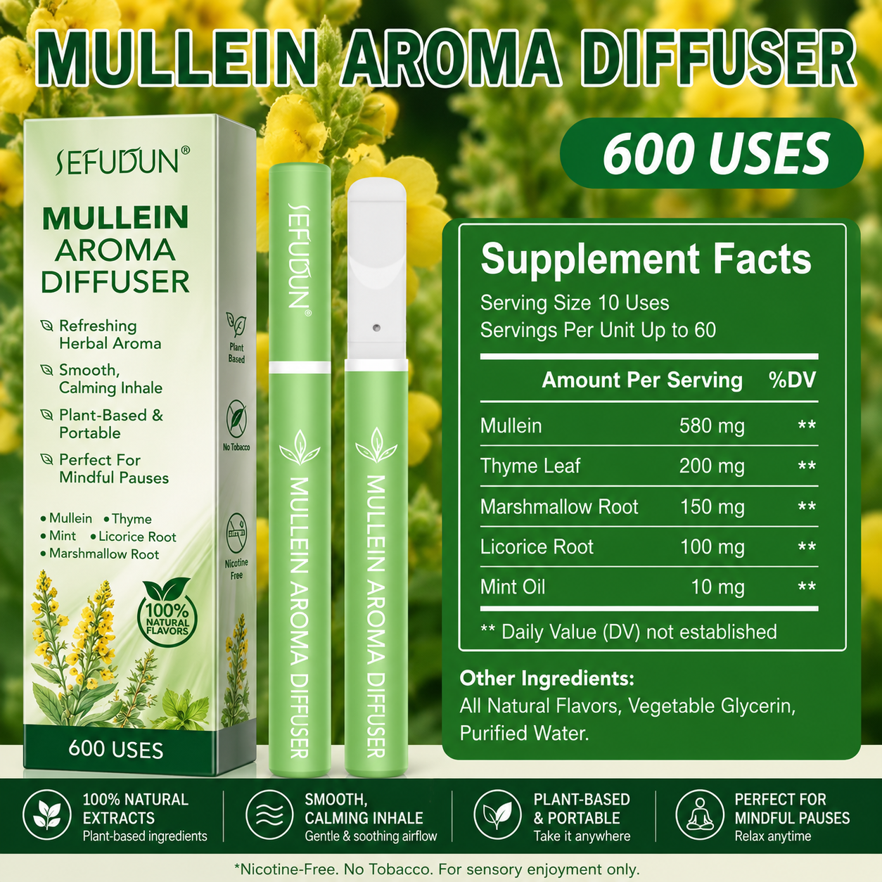 Inhalator de arome 100% naturale, Difuzor aromaterapie MULLEIN fără fum, fără nicotină, fără tutun, conține Mentă, Nalbă, Cimbru, Coada Lupului și Lemn Dulce, 600 de utilizări, SEFUDUN® - imagine 2