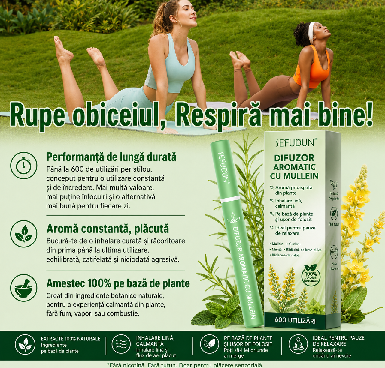 Inhalator de arome 100% naturale, Difuzor aromaterapie MULLEIN fără fum, fără nicotină, fără tutun, conține Mentă, Nalbă, Cimbru, Coada Lupului și Lemn Dulce, 600 de utilizări, SEFUDUN® - imagine 3