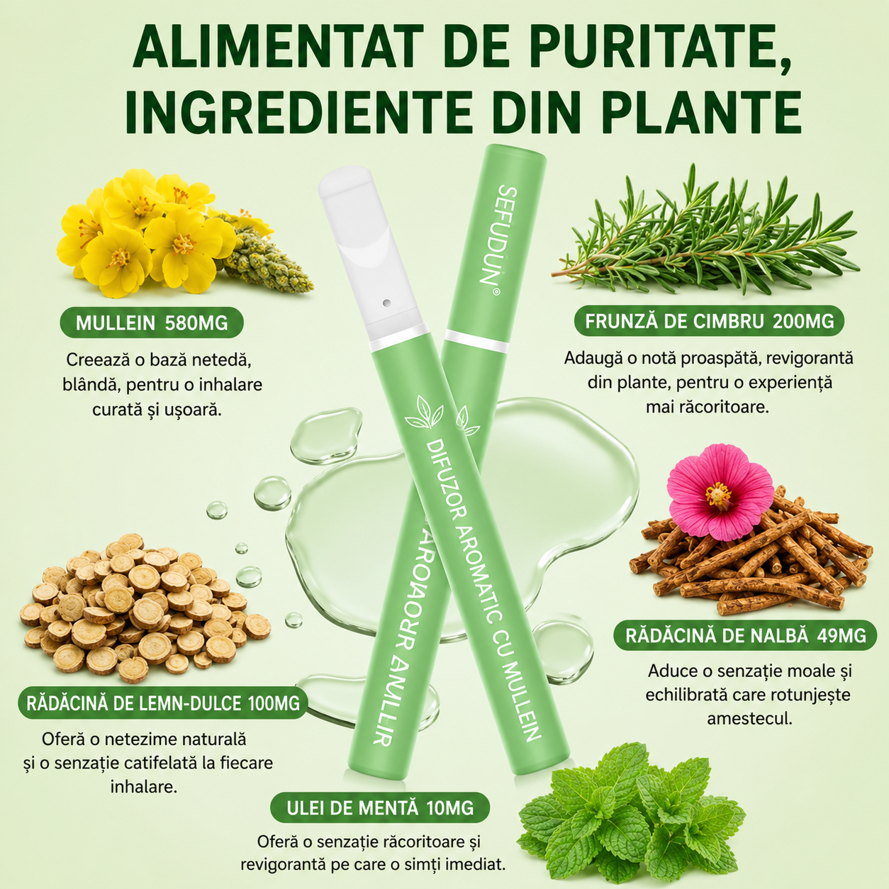Inhalator de arome 100% naturale, Difuzor aromaterapie MULLEIN fără fum, fără nicotină, fără tutun, conține Mentă, Nalbă, Cimbru, Coada Lupului și Lemn Dulce, 600 de utilizări, SEFUDUN® - imagine 4