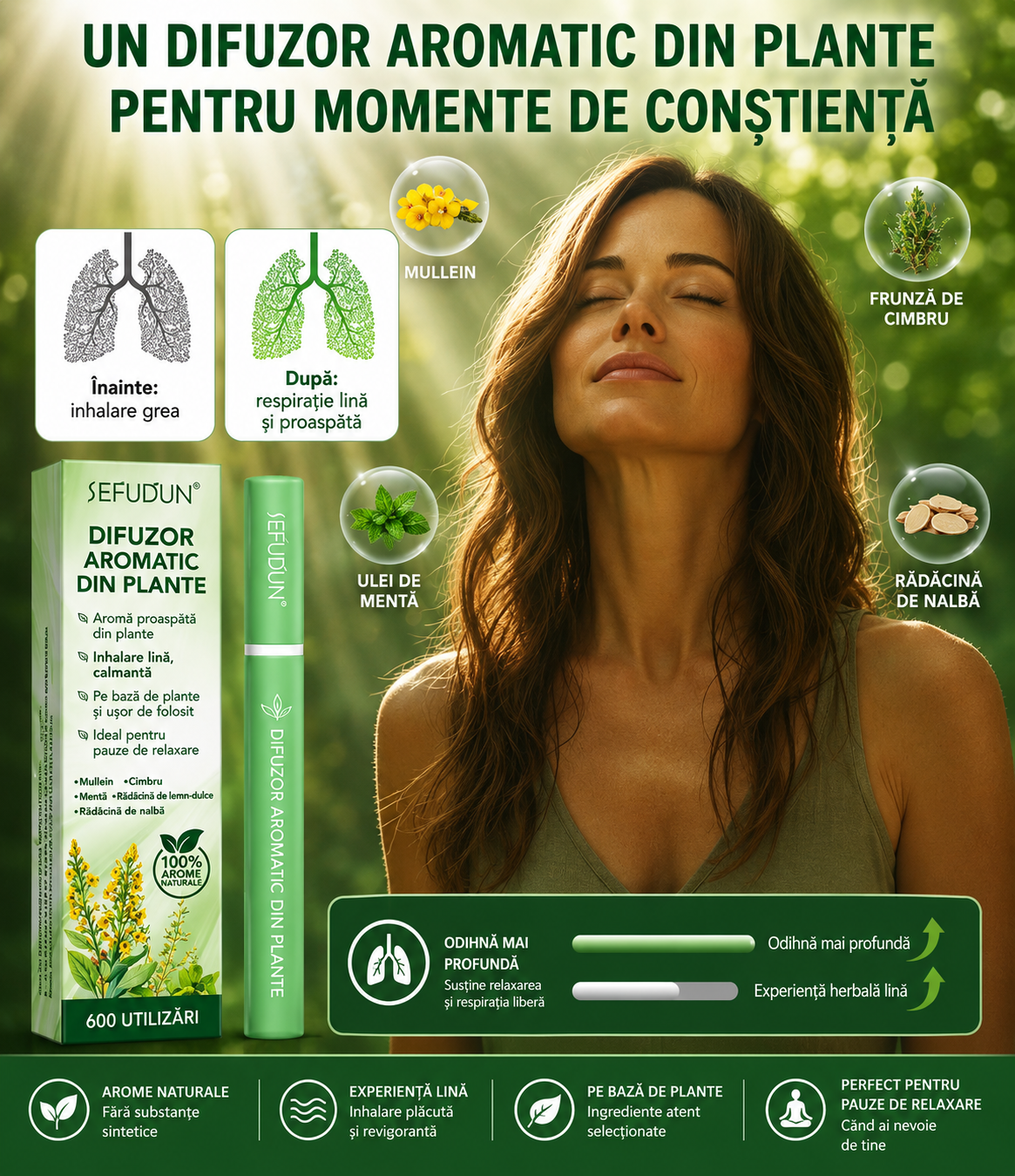 Inhalator de arome 100% naturale, Difuzor aromaterapie MULLEIN fără fum, fără nicotină, fără tutun, conține Mentă, Nalbă, Cimbru, Coada Lupului și Lemn Dulce, 600 de utilizări, SEFUDUN® - imagine 5