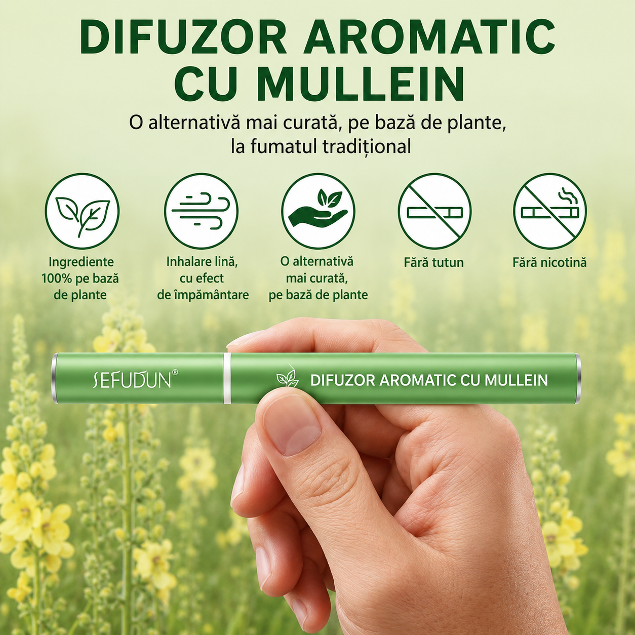 Inhalator de arome 100% naturale, Difuzor aromaterapie MULLEIN fără fum, fără nicotină, fără tutun, conține Mentă, Nalbă, Cimbru, Coada Lupului și Lemn Dulce, 600 de utilizări, SEFUDUN® - imagine 6