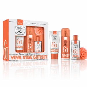 Set cadou pentru femei Sentio® Aroma de la Isla 61 Viva Vibe, Apă de parfum 30 ml + Body Mist 100 ml + Gel de duș 100 ml + Burete baie