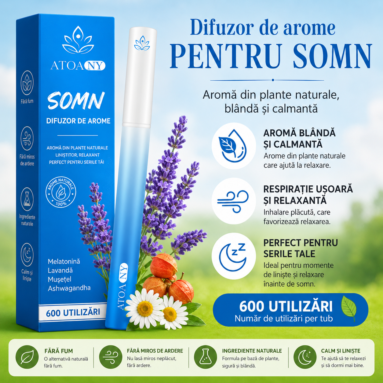 Inhalator de arome 100% naturale, Difuzor aromaterapie SLEEP, fără fum, fără nicotină, fără tutun, lavanda, mușețel și ashwagandha, 600 utilizări, ATOANY® - imagine 3