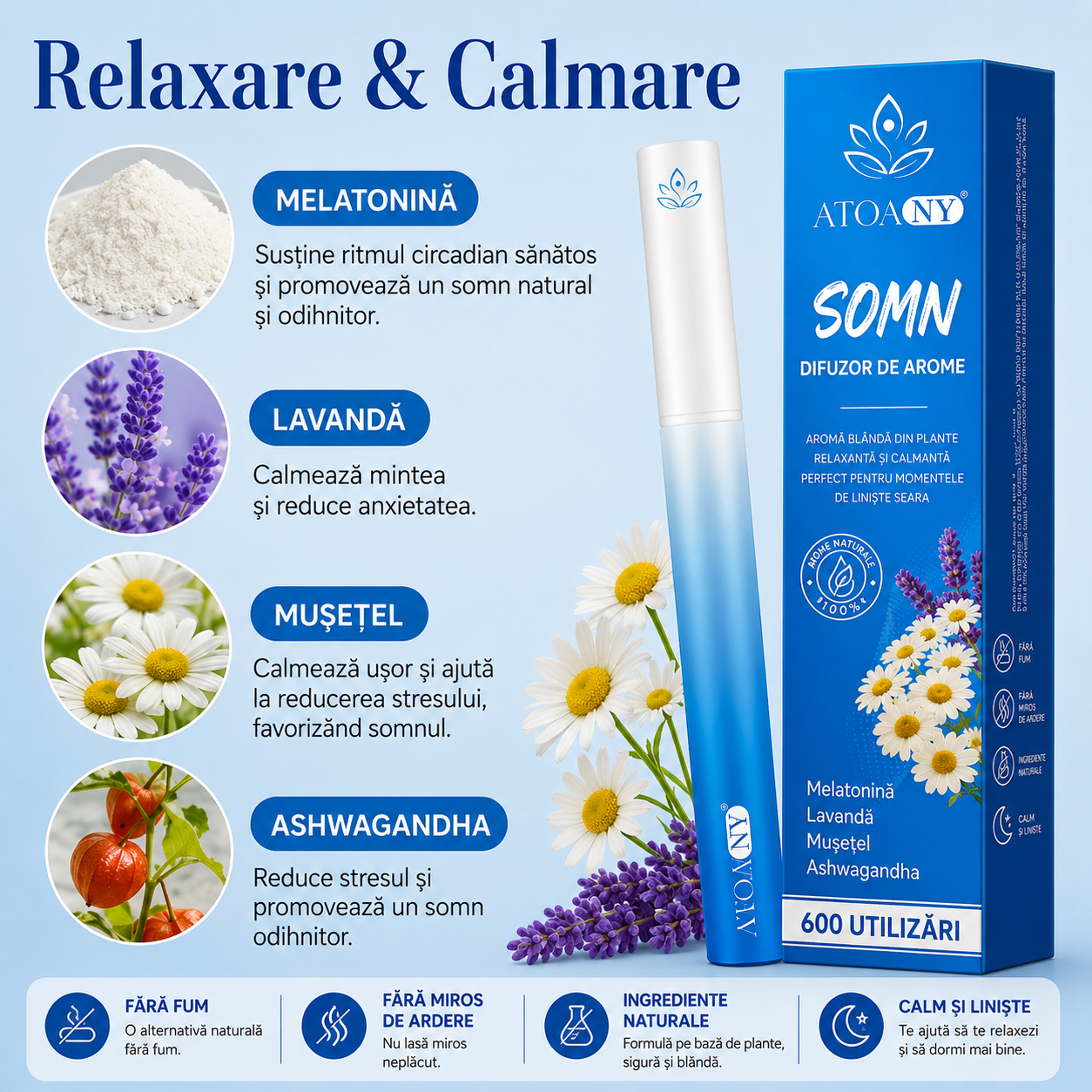 Inhalator de arome 100% naturale, Difuzor aromaterapie SLEEP, fără fum, fără nicotină, fără tutun, lavanda, mușețel și ashwagandha, 600 utilizări, ATOANY® - imagine 4