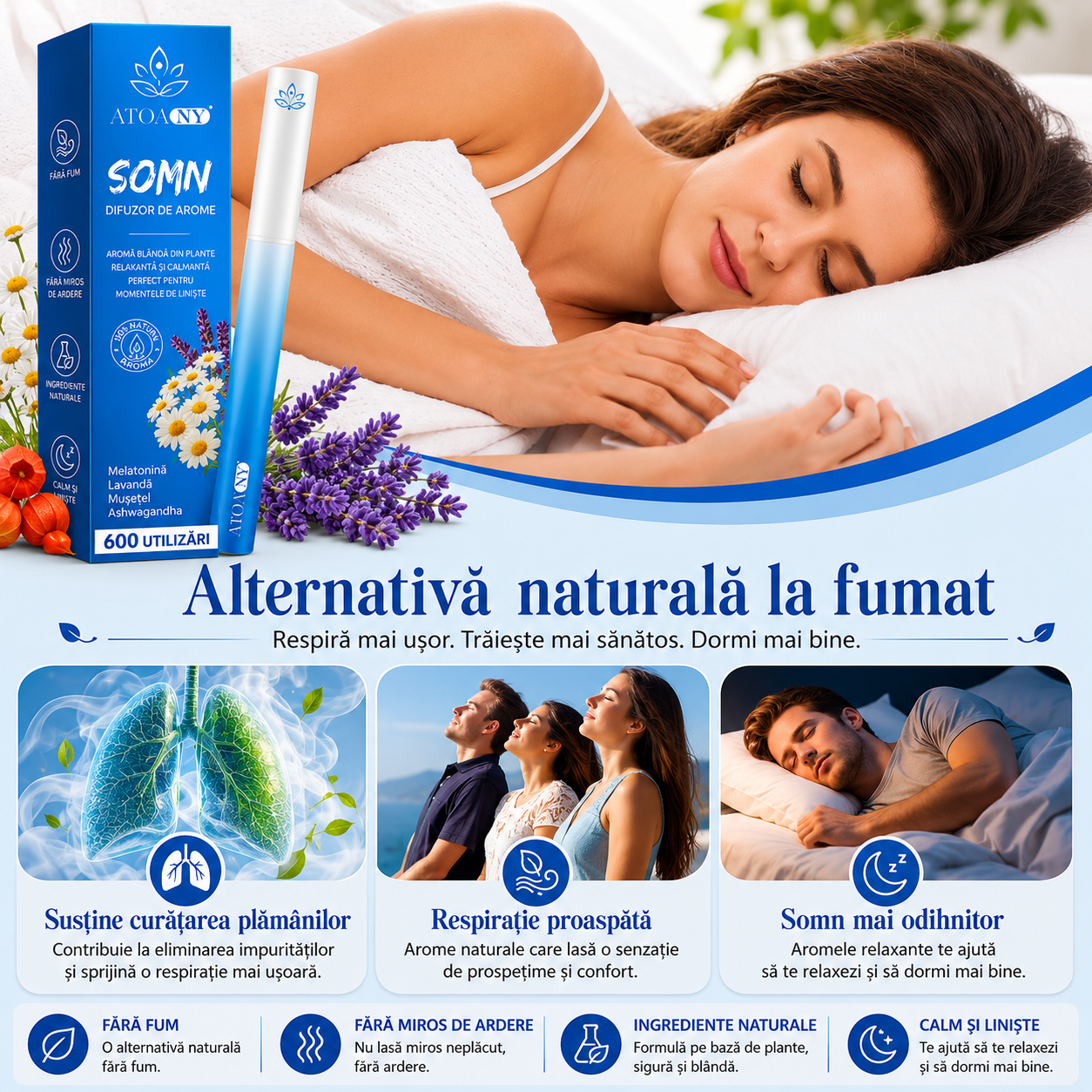 Inhalator de arome 100% naturale, Difuzor aromaterapie SLEEP, fără fum, fără nicotină, fără tutun, lavanda, mușețel și ashwagandha, 600 utilizări, ATOANY® - imagine 5