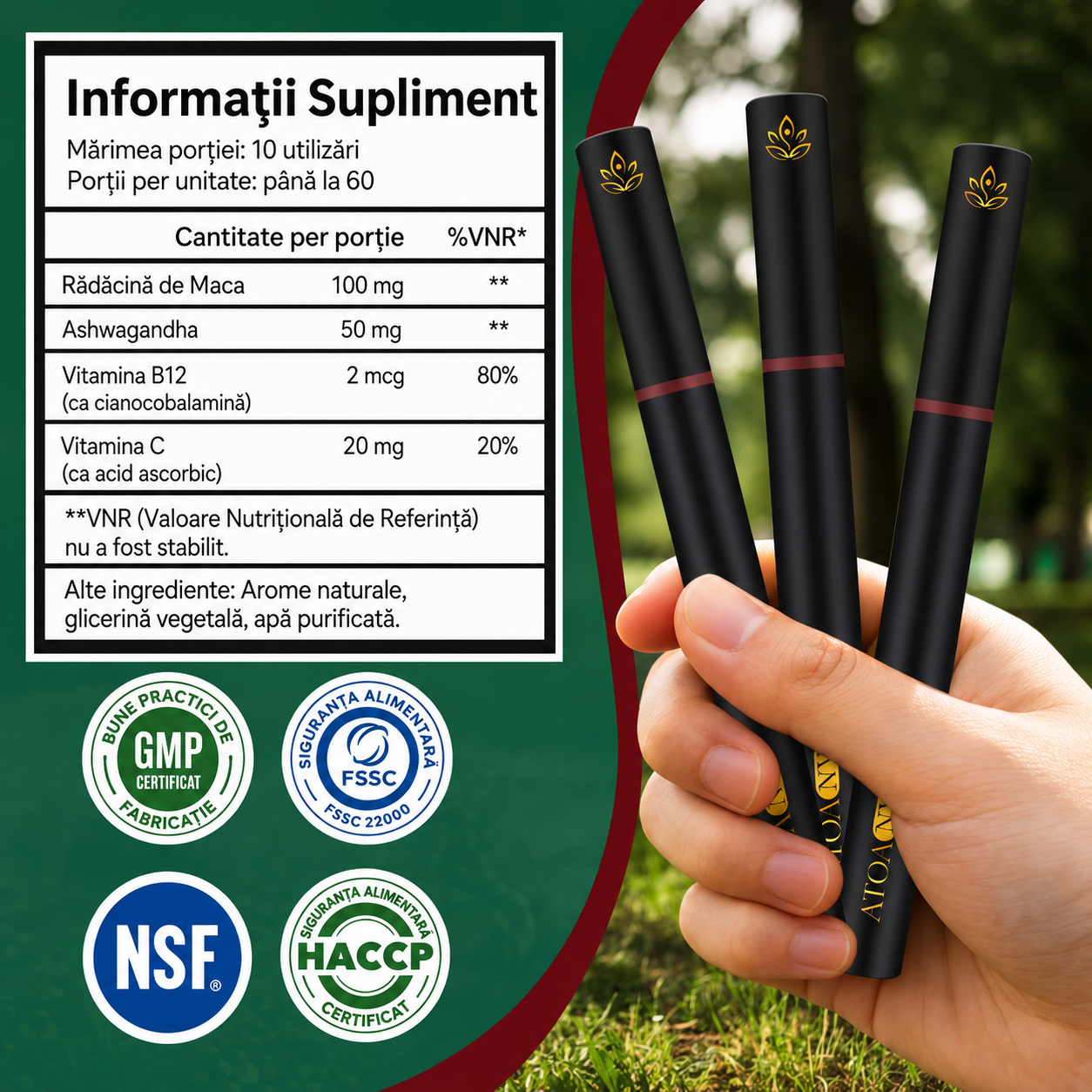 Inhalator de arome 100% naturale, Difuzor aromaterapie MAKA, fără fum, fără nicotină, fără tutun, cu rădăcina de maca neagră, ashwagandha, vitamina B12 și vitamina C, 600 utilizări, ATOANY® - imagine 2