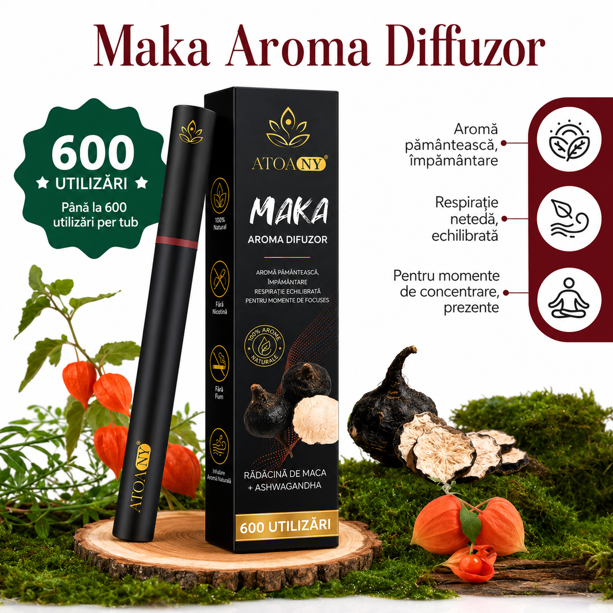Inhalator de arome 100% naturale, Difuzor aromaterapie MAKA, fără fum, fără nicotină, fără tutun, cu rădăcina de maca neagră, ashwagandha, vitamina B12 și vitamina C, 600 utilizări, ATOANY® - imagine 3