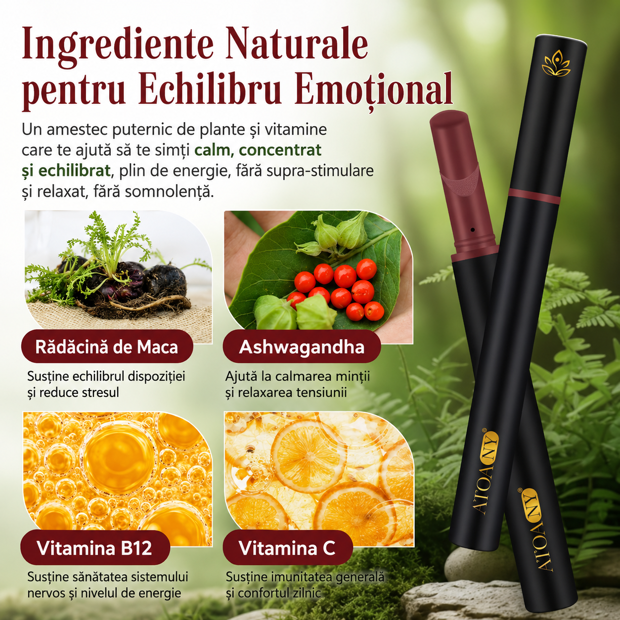 Inhalator de arome 100% naturale, Difuzor aromaterapie MAKA, fără fum, fără nicotină, fără tutun, cu rădăcina de maca neagră, ashwagandha, vitamina B12 și vitamina C, 600 utilizări, ATOANY® - imagine 4
