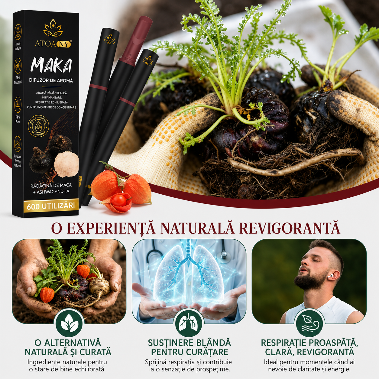 Inhalator de arome 100% naturale, Difuzor aromaterapie MAKA, fără fum, fără nicotină, fără tutun, cu rădăcina de maca neagră, ashwagandha, vitamina B12 și vitamina C, 600 utilizări, ATOANY® - imagine 5