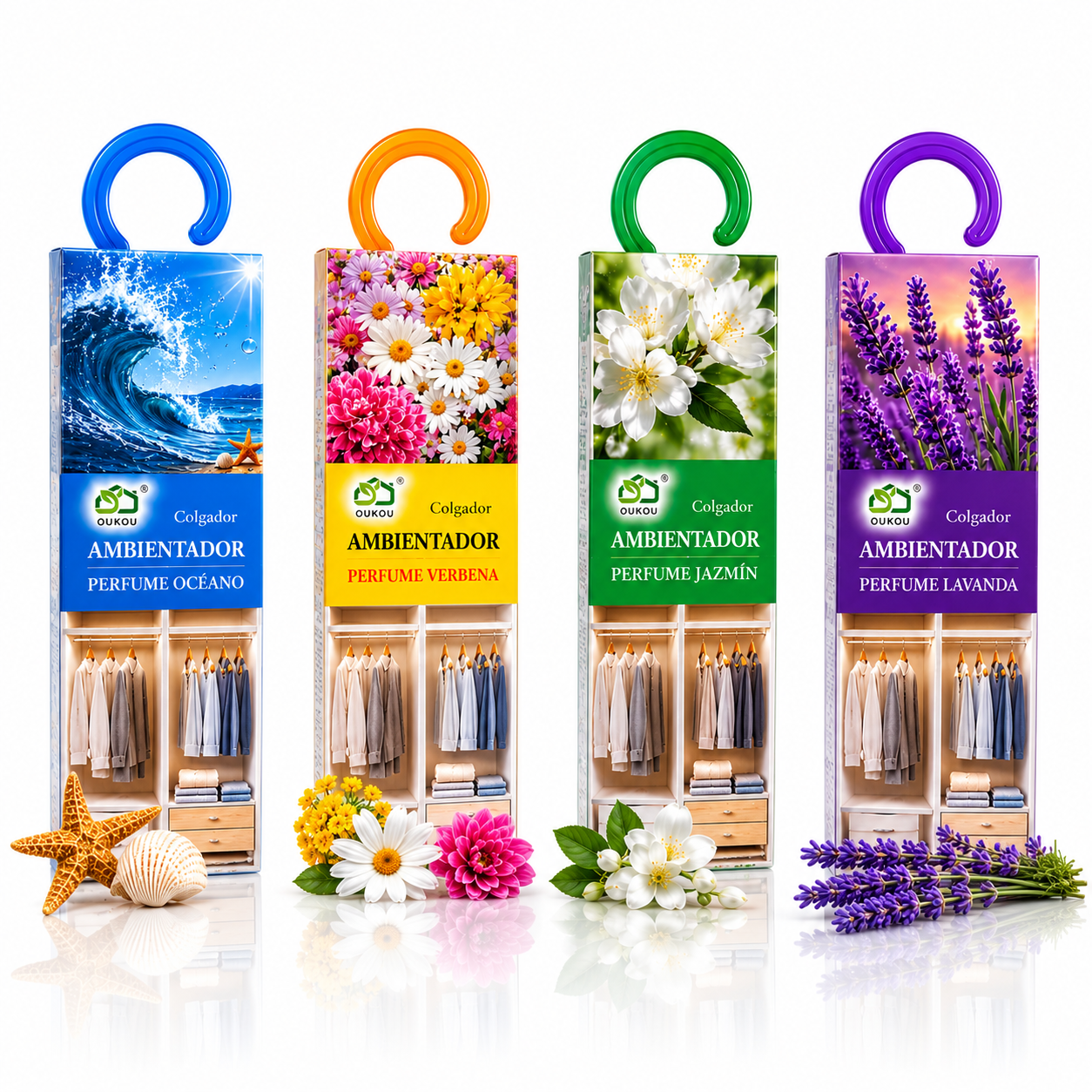 Set 4 odorizante de dulap OUKOU®, arome asortate Ocean, Lavandă, Verbenă și Iasomie, cu agățătoare