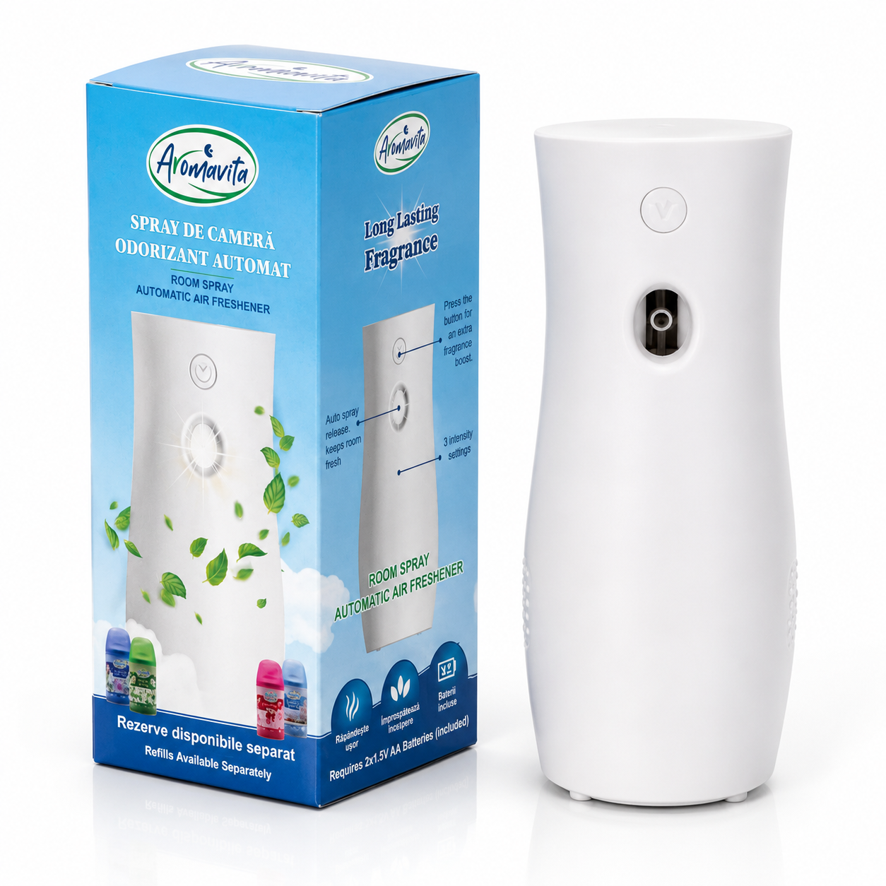 Aromadifuzor, aparat odorizant automat Aromavita®, 3 trepte de pulverizare, funcție extra spray, alb