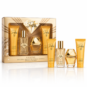 Set cadou pentru femei V.V.LOVE® Dama de Oro, BODY MIST, EDP, LOȚIUNE DE CORP, GEL DE DUȘ, 180 ml