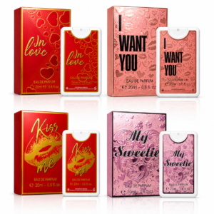 Apă de parfum pentru femei, Love Collection, set 4 x 20 ml Card Pocket Perfume, parfumuri de buzunar, OMERTA®