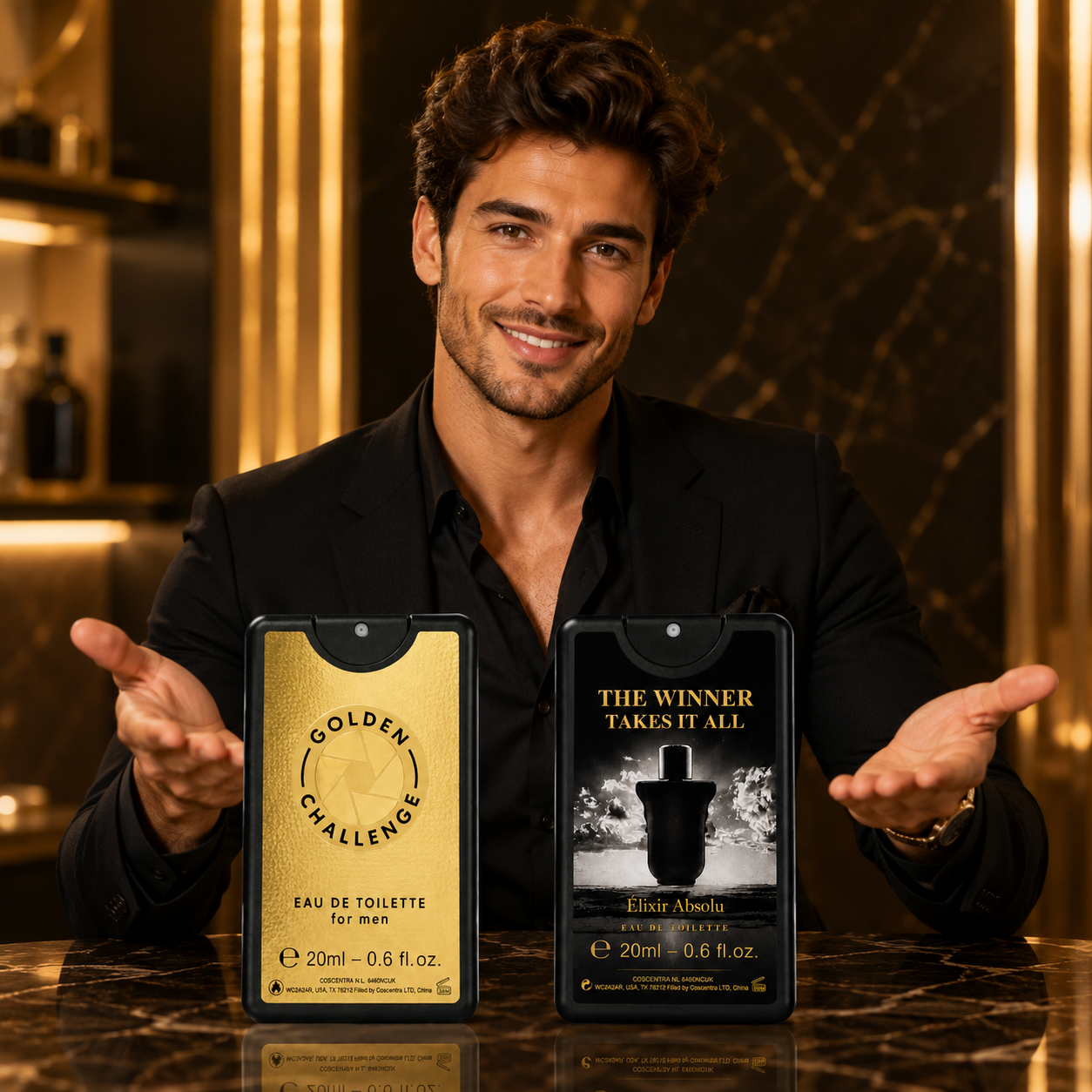 Apă de toaletă pentru bărbați, Golden Challenge & The Winner Takes It All Élixir Absolu, Card Pocket Perfume, 2 carduri x 20 ml, OMERTA® - imagine 2