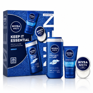 Set cadou NIVEA MEN Keep It Essential – Gel de duș 250 ml, Gel de curățare facială 100 ml și Cremă NIVEA Men, 3 piese