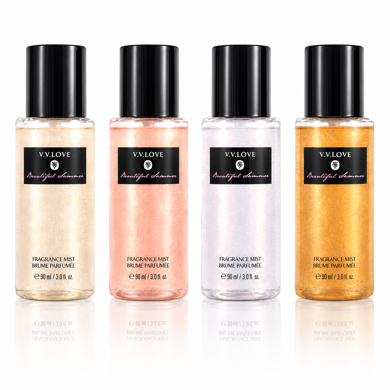Set 4 sprayuri parfumate pentru femei, Fragrance Mist cu efect strălucitor, 4 × 90 ml, V.V. LOVE®