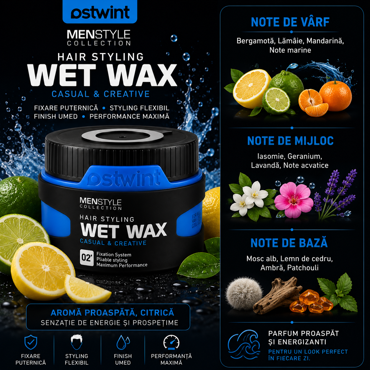 Ceară de păr lucioasă Ostwint Wet Wax No. 02, Casual & Creative, fixare puternică, efect wet-look, 150 ml - imagine 2