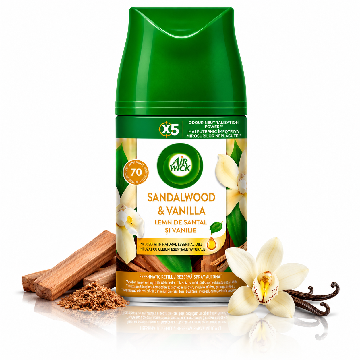 Rezervă odorizant de cameră Air Wick® Freshmatic Aromatic Santal și Vanilie, spray, 250 ml