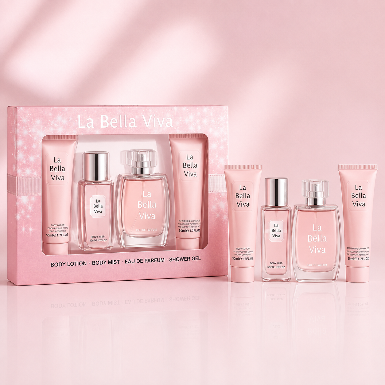 Set cadou pentru femei La Bella Viva, Apă de parfum 50 ml + Body Mist 50 ml + Loțiune de corp 50 ml + Gel de duș 50 ml, V.V. LOVE® - imagine 3