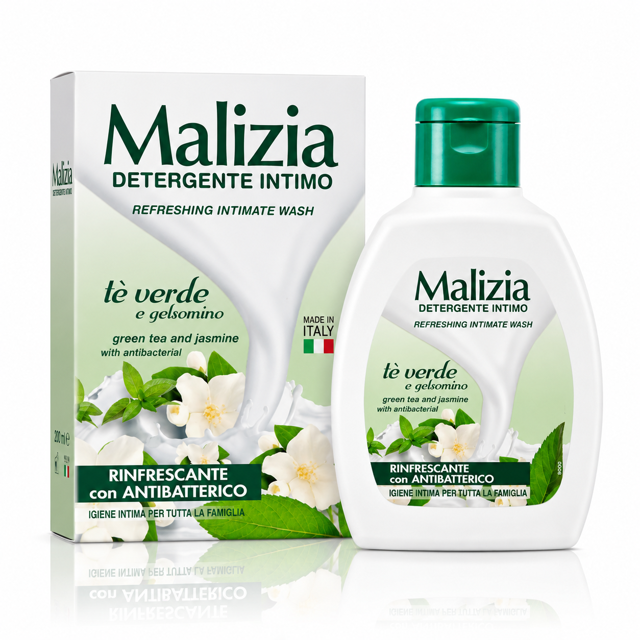 Gel pentru igienă intimă Malizia Rinfrescante cu Ceai Verde și Iasomie și agent antibacterian, 200 ml