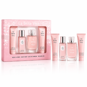 Set cadou pentru femei La Bella Viva, Apă de parfum 50 ml + Body Mist 50 ml + Loțiune de corp 50 ml + Gel de duș 50 ml, V.V. LOVE®