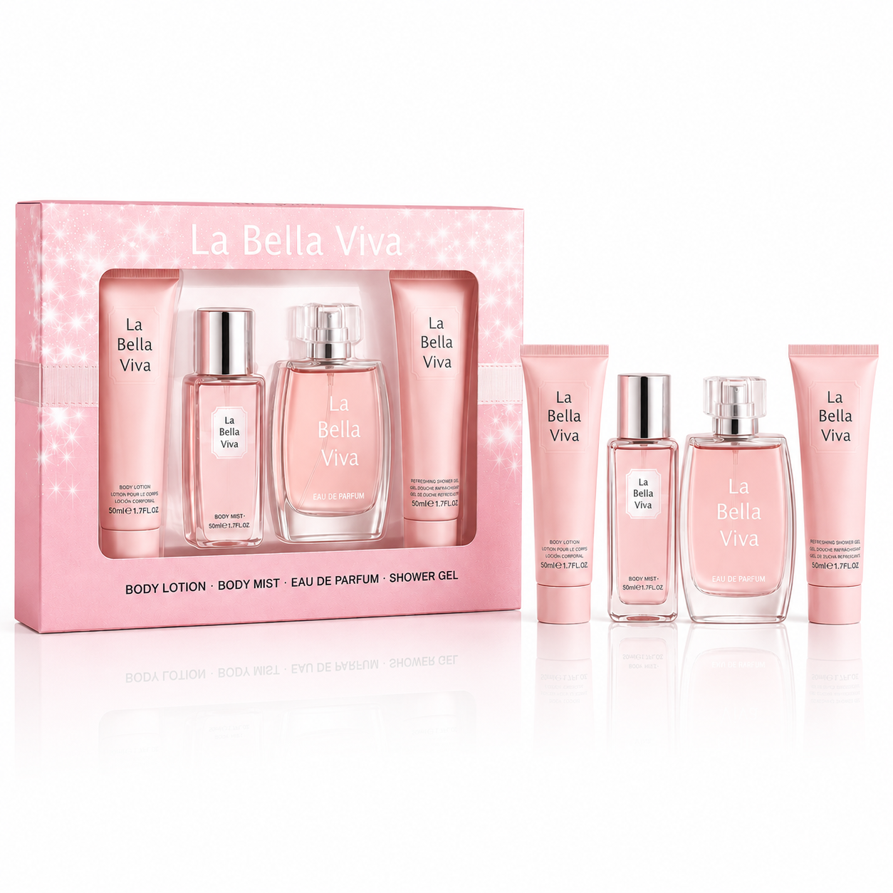 Set cadou pentru femei La Bella Viva, Apă de parfum 50 ml + Body Mist 50 ml + Loțiune de corp 50 ml + Gel de duș 50 ml, V.V. LOVE®