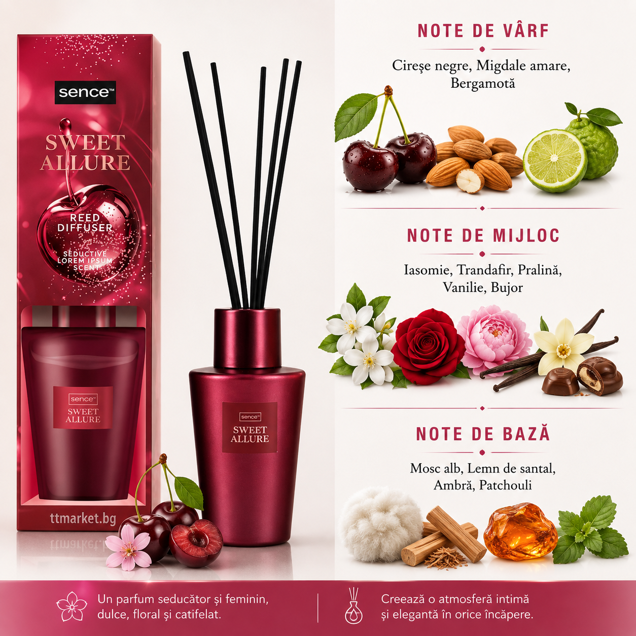 Odorizant de cameră, Difuzor de parfum cu bețișoare Sweet Allure, Reed Diffuser, 100 ml, Sence® - imagine 2