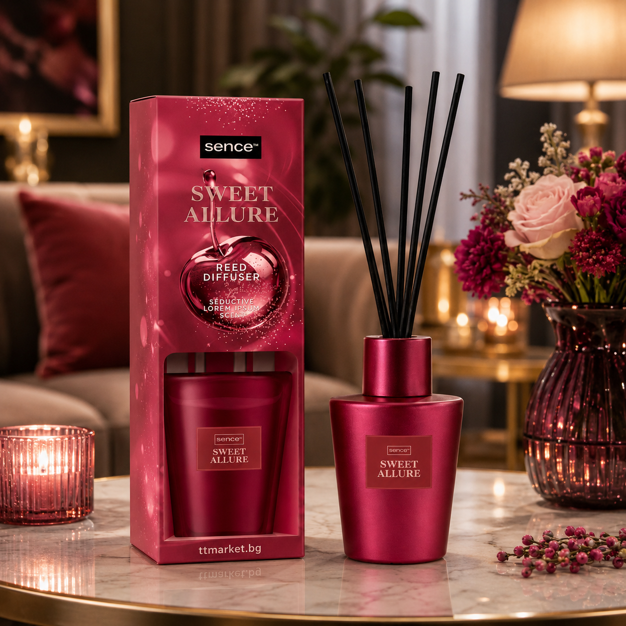 Odorizant de cameră, Difuzor de parfum cu bețișoare Sweet Allure, Reed Diffuser, 100 ml, Sence® - imagine 3