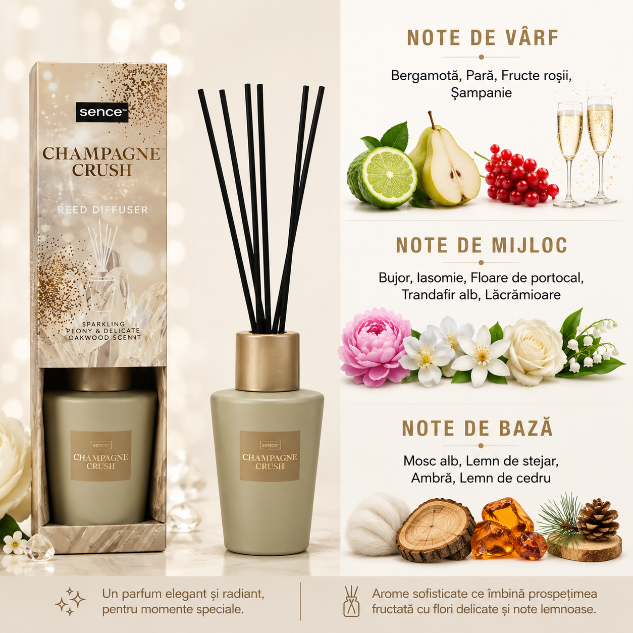 Odorizant de cameră, Difuzor de parfum cu bețișoare Champagne Crush, Reed Diffuser, 100 ml, Sence® - imagine 2