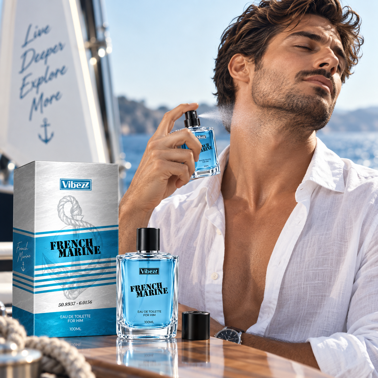Apă de toaletă pentru bărbați, Parfum bărbătesc French Marine For Him, EDT, 100 ml, Vibezz® - imagine 2