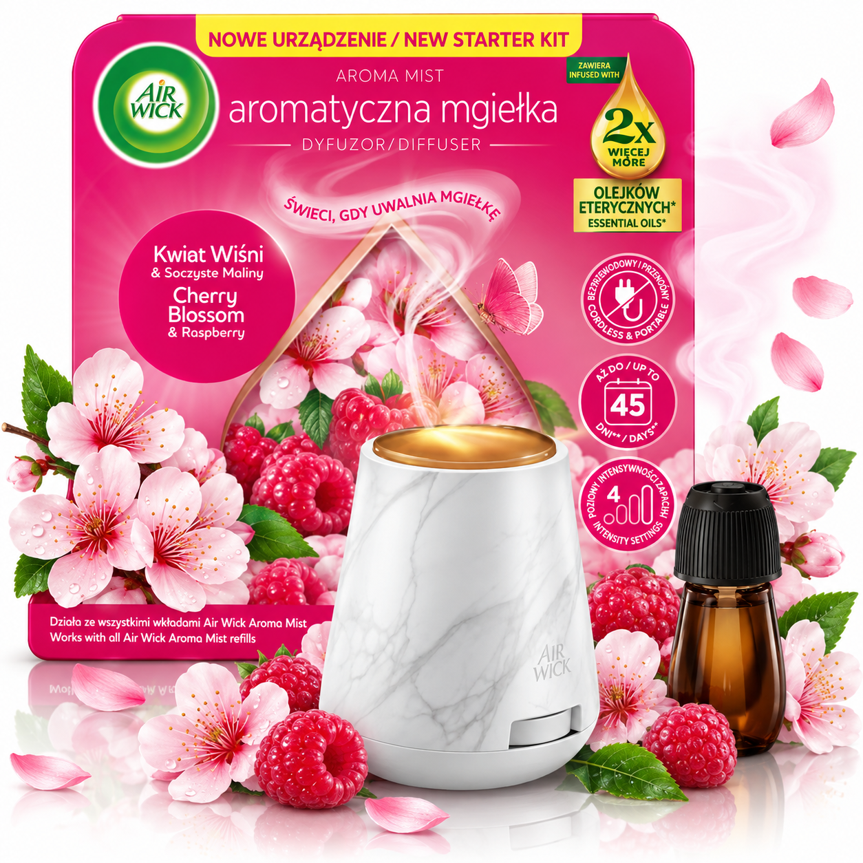 Odorizant de cameră, Difuzor Air Wick Aroma Mist Cherry Blossom & Raspberry, aparat + rezervă, Air Wick®