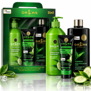 Set cadou îngrijire corp și păr 3 în 1, Șampon cu acid hialuronic și aloe 1000 g + Cremă-gel de duș Ceai verde și Castravete 500 g + Cremă de mâini 75 ml, Dalas Cosmetics®