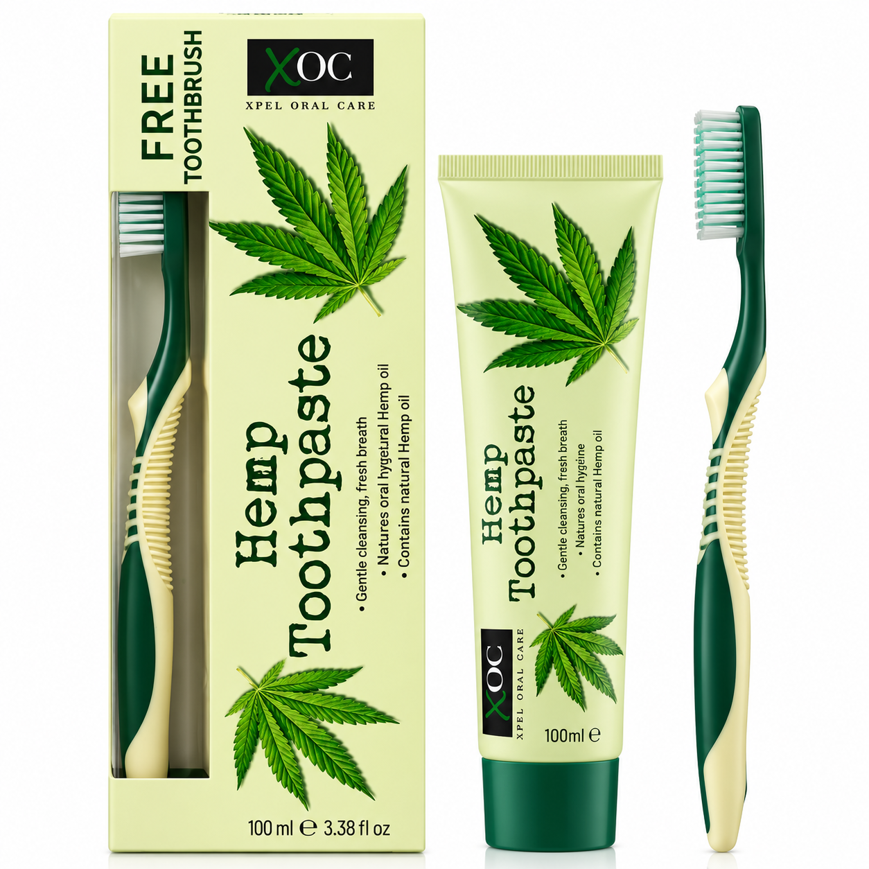 Set pentru igiena orală, Hemp Toothpaste cu ulei de cânepă, pastă de dinți fără fluor 100 ml + periuță de dinți, XOC®