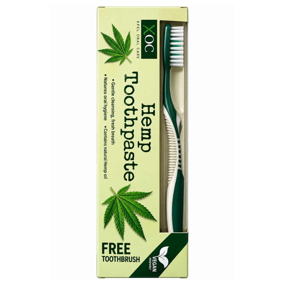 Set pentru igiena orală, Hemp Toothpaste cu ulei de cânepă, pastă de dinți fără fluor 100 ml + periuță de dinți, XOC® - imagine 2
