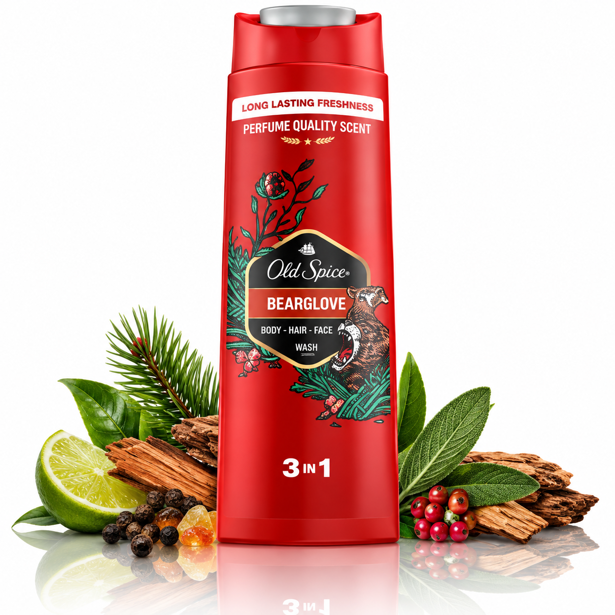 Gel de duș și șampon pentru bărbați 3 în 1, Bearglove Juicy Berries, corp, păr și față, 400 ml, Old Spice®