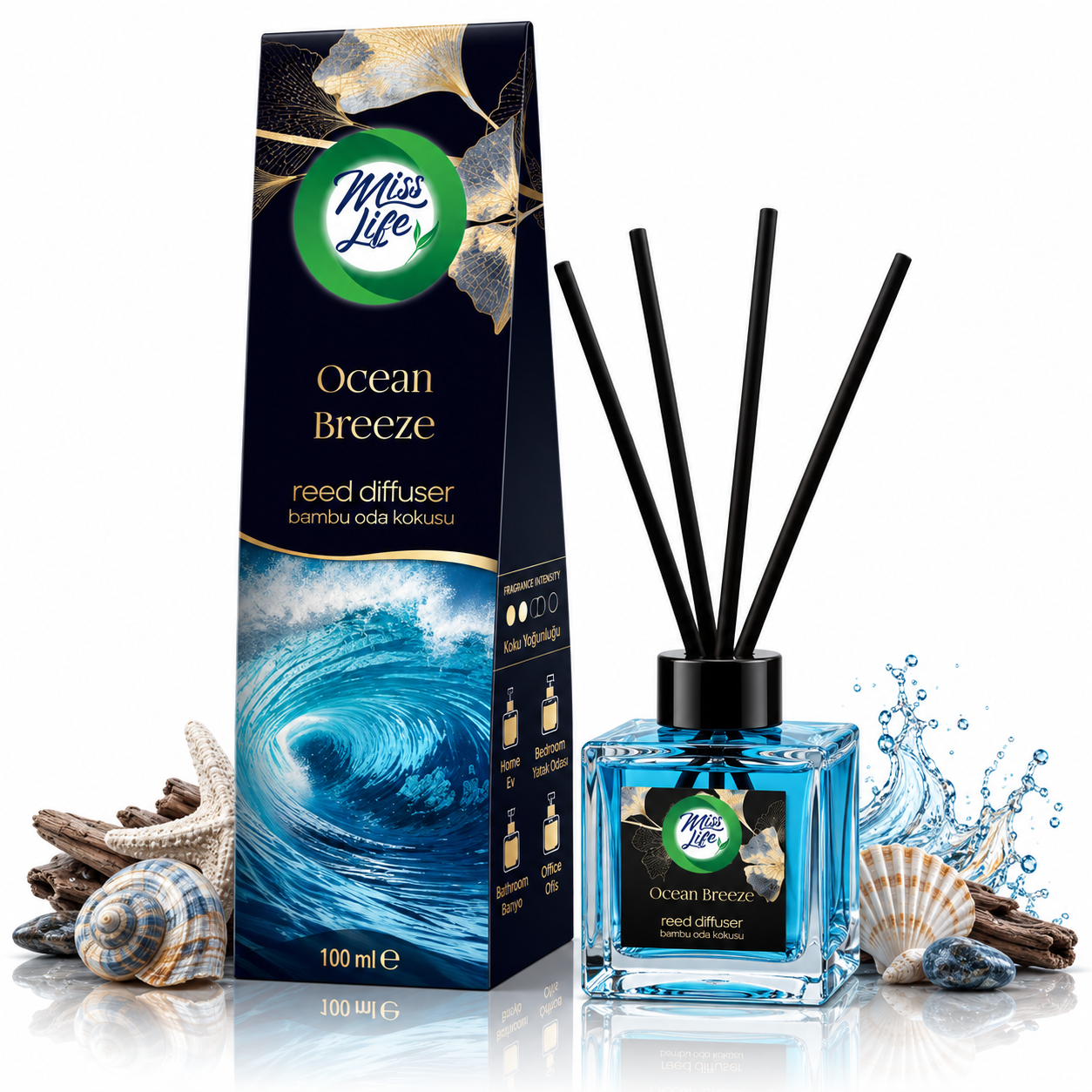 Odorizant de cameră, Difuzor de parfum cu bețișoare, Ocean Breeze, 100 ml, Miss Life®